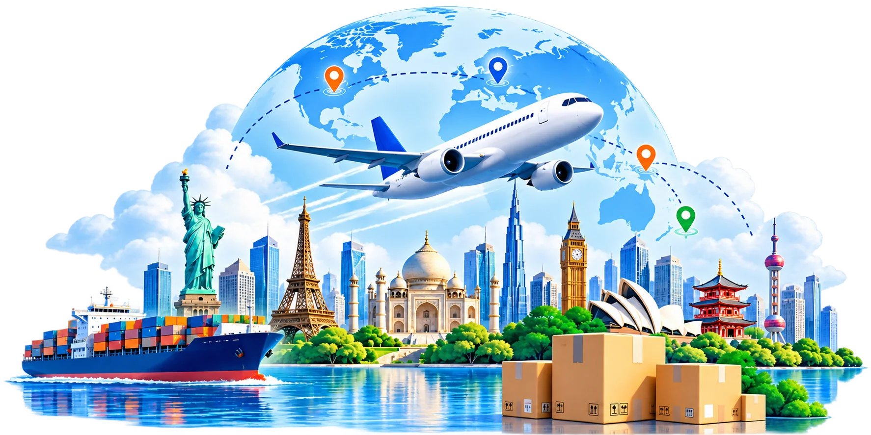 International courier network with airplane, global landmarks, cargo ship and parcels